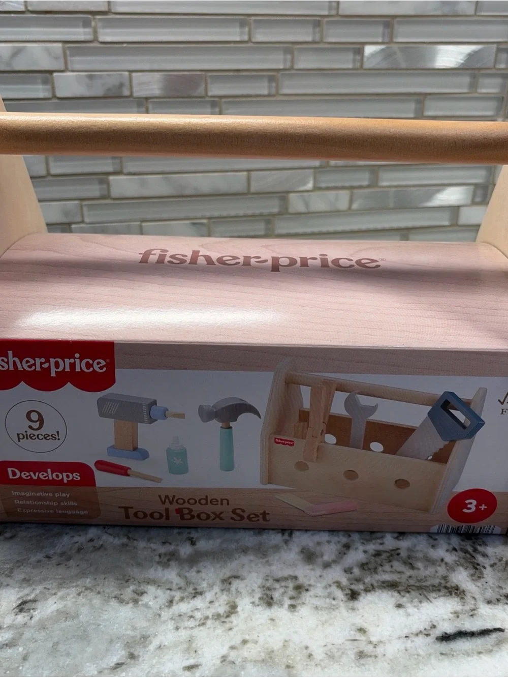 Fisher-Price Wooden Toolbox Play Set in Natural Wood and Pink Accents